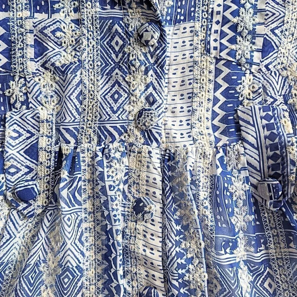 THE SANG Blue Georgette Embroidered Ikat Smocked Shirtdress w/ Weighted Hem Sz S